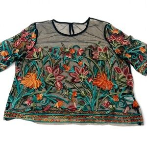 Floral Embroidered Sheer Black Mesh Women's Top - Medium
